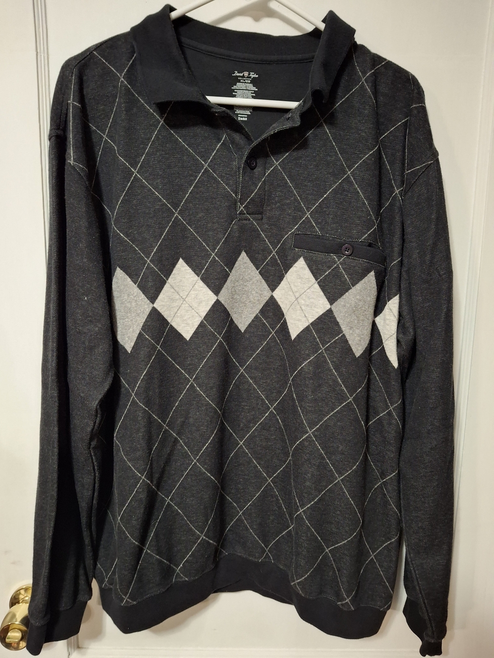 David Taylor Gray Argyle Long Sleeve Knit Polo Sweater XL Grandpacore